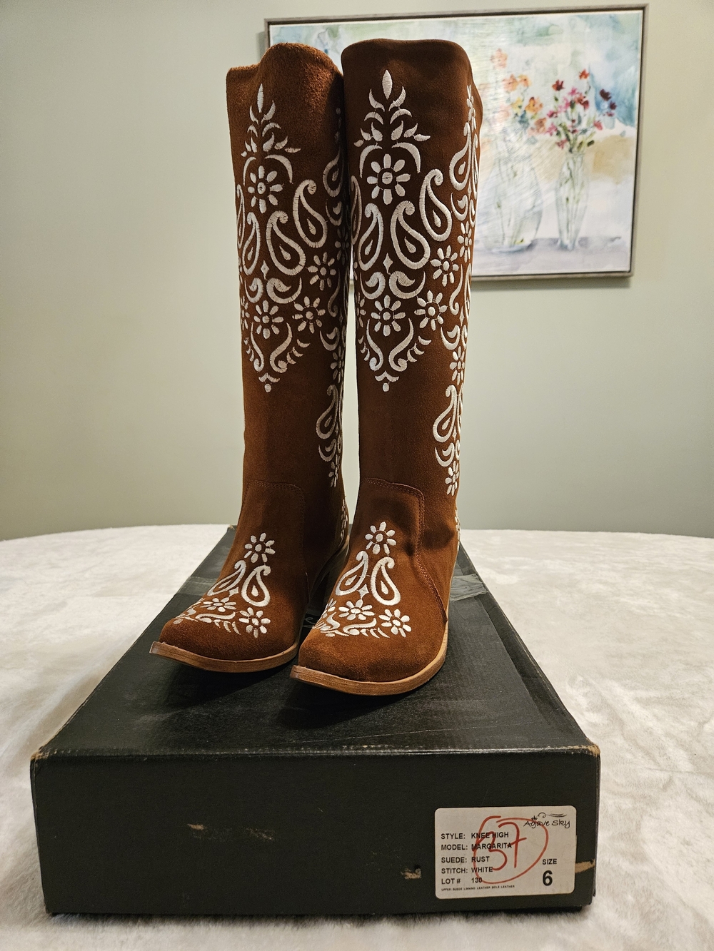 Women's Agave Sky Rust Suede Block Heel Boot with White Stitching Size 6
